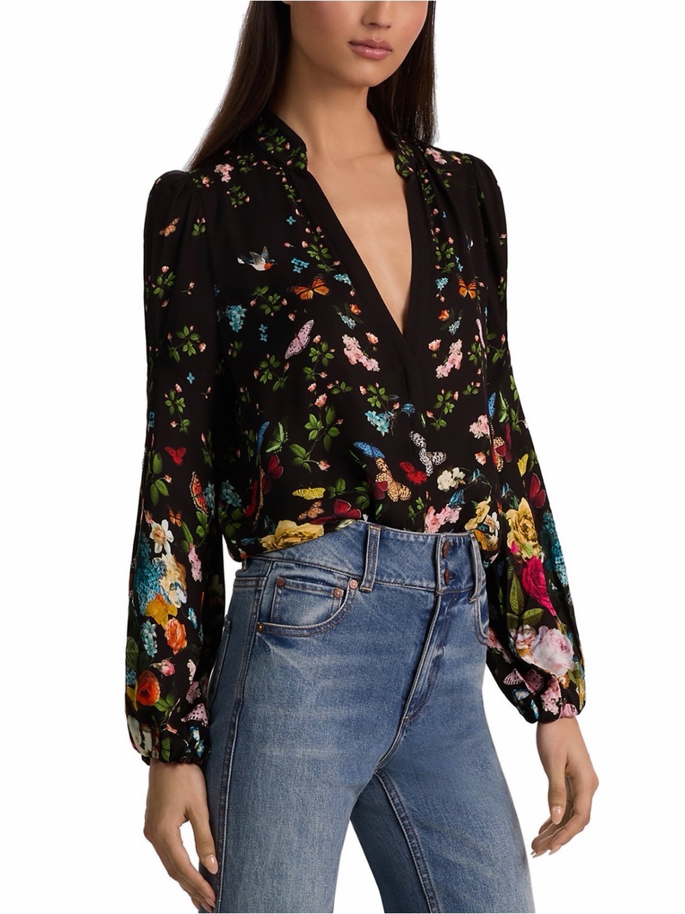 Alice + Olivia Helen Blouson Sleeve Blouse |Black Butterfly Floral Print |Size M - Picture 2 of 5